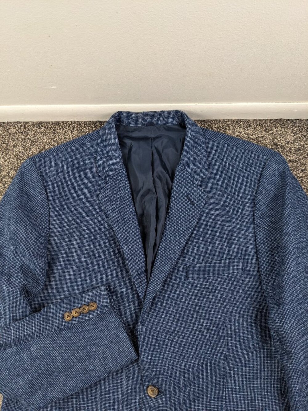 J Crew Sport Coat 100% Linen Thompson Checked Navy Blue Mens 44R Dual Vented